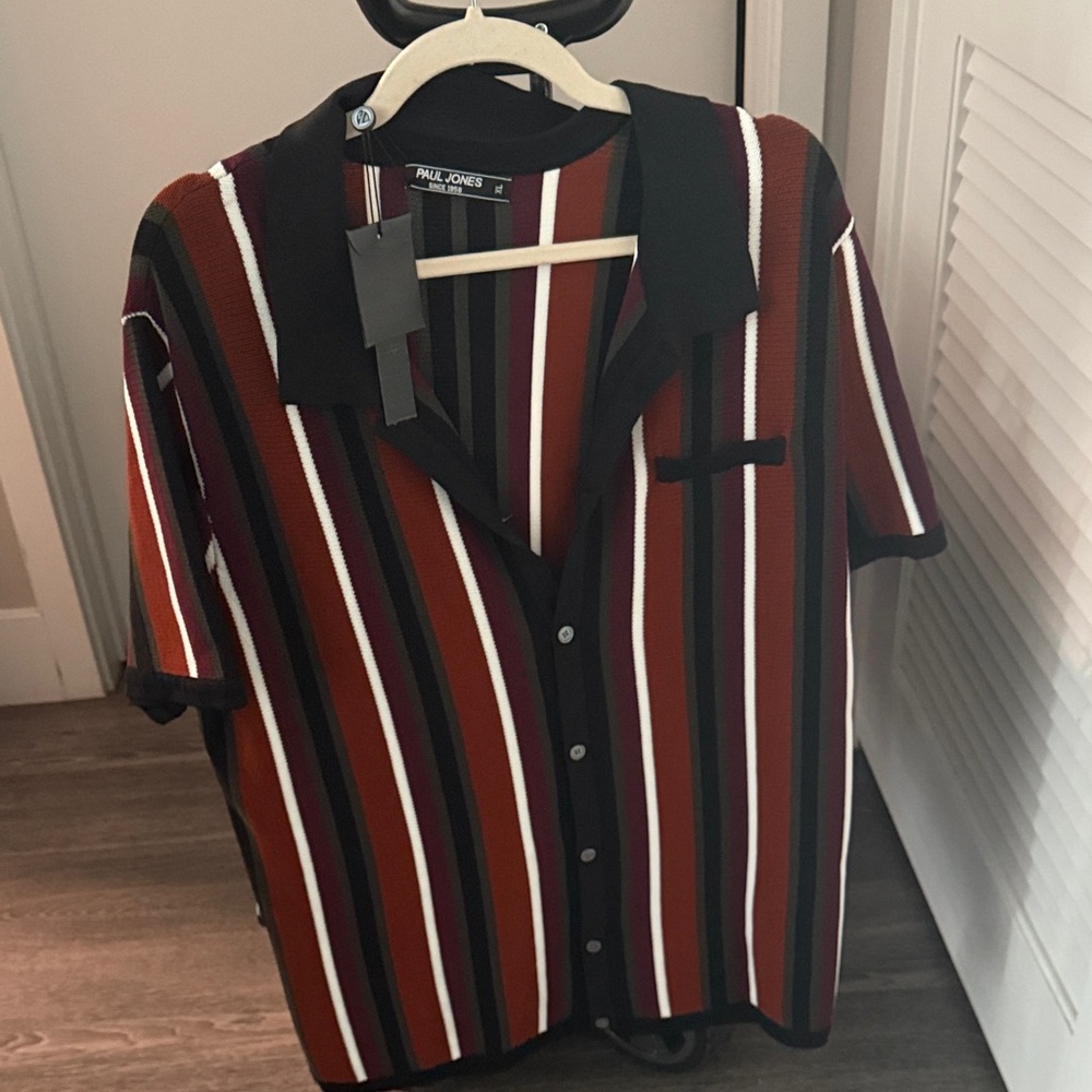 Paul Jones Men's Casual Striped Button Down Shirt - Red, Black, White